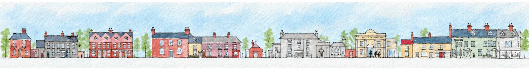 Watercolour panorama of historic Broad Street in Bungay, with Kubler House at the far right